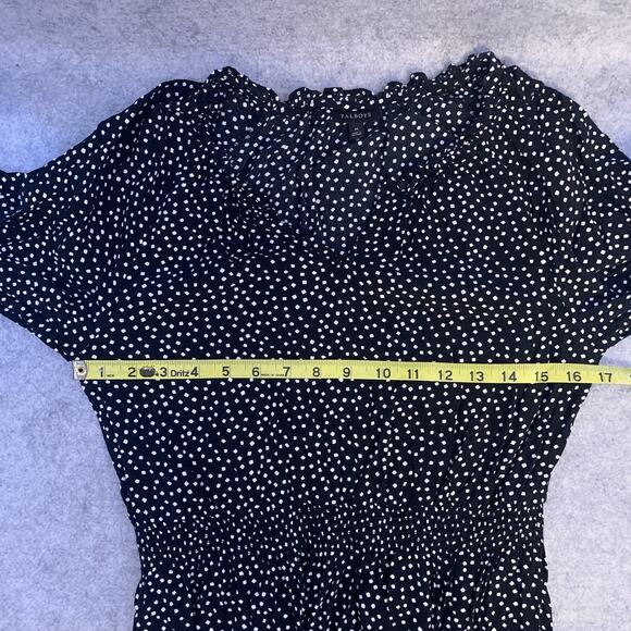 Talbots Dress Black White Dot Midi Dress Smocked Waist 3/4 Sleeve Ruffle Tier M - Picture 12 of 14